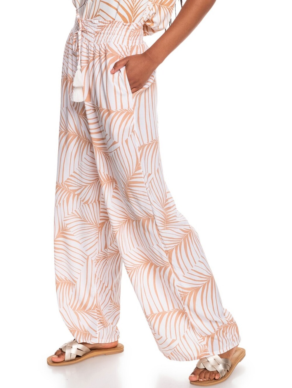 NWT Roxy White Brown Palm Boho Vacation Resort Beach Pool Lounge Pants, Size M